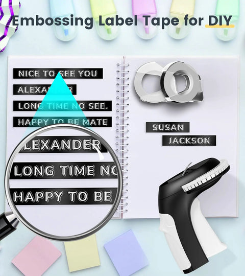 Retro Manual Embossing Label Maker With 9mm Tapes, Vintage 3D Raised Letters, craft tool shown with labels on notebook