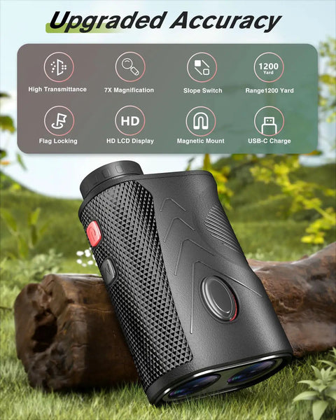 Ultra Precision 1200 Yard Golf Range Finder With 5X Magnification Slope Mode Flag Lock And 1 Yard Accuracy in a grassy setting