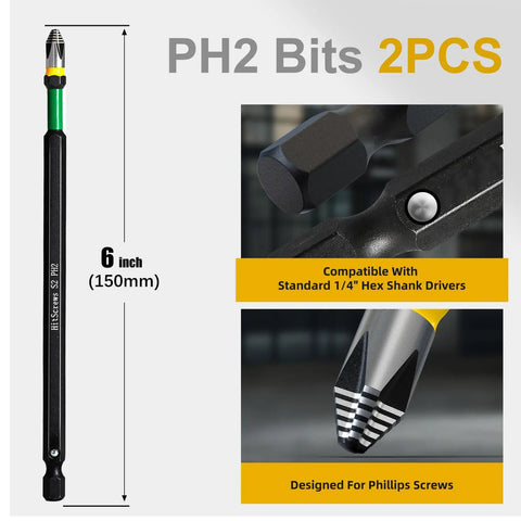 Six Inch Long Phillips Head Bits Number Two With Ball Notch Locking Anti Wobble Design 360 Degree Laser Etched CNC Tip Taiwan S2 Steel Magnetic Phillips Bit Set For Impact Roofing And Carpentry Two Pack Pro Grade, 6-inch bit