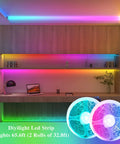 65.6 Ft RGB LED Strip Lights With 24V Smart Control App And IR Remote For Bedroom displayed on ceiling and shelves