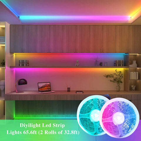 65.6 Ft RGB LED Strip Lights With 24V Smart Control App And IR Remote For Bedroom displayed on ceiling and shelves