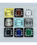 Nine colorful square watch dials with Roman numerals arranged in a grid pattern.