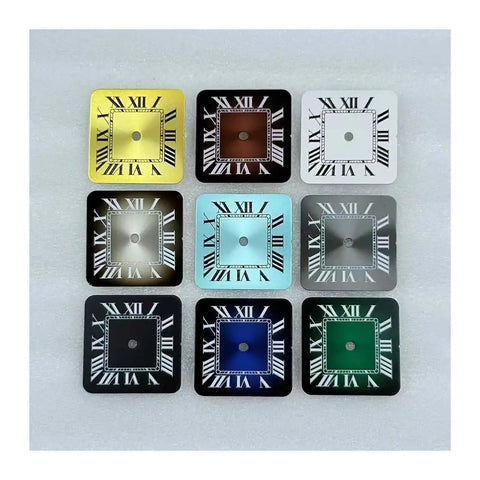 Nine colorful square watch dials with Roman numerals arranged in a grid pattern.