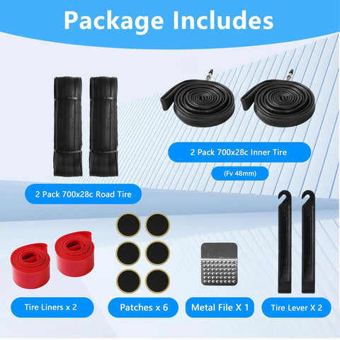 2 Pack 700x28c Road Bike Tire Replacement Kit With Inner Tubes, Folding Tires, Levers, Liners And Repair Tool contents
