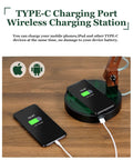LED Desk Lamp With Wireless Charger And USB C Port Adjustable Swing Arm Sapele Wood Table Lamp charging phones on desk