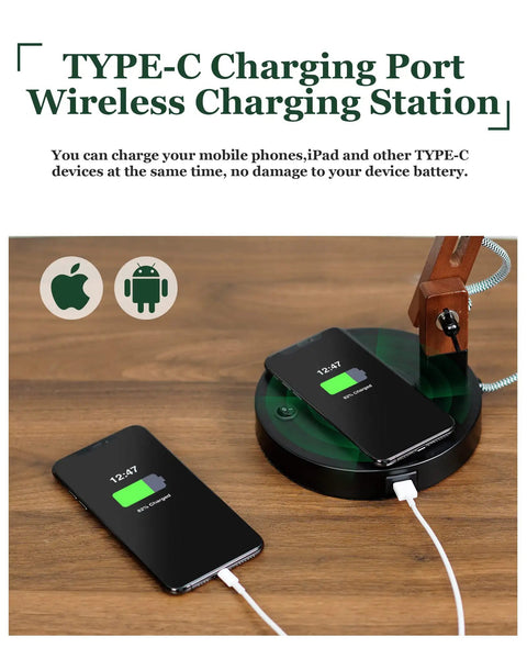 LED Desk Lamp With Wireless Charger And USB C Port Adjustable Swing Arm Sapele Wood Table Lamp charging phones on desk