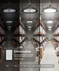 UFO High Bay LED Lights 150W 21,000 Lumen 6000K Daylight White Dimmable Ceiling Shop Lights in warehouse aisles.