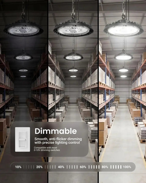 UFO High Bay LED Lights 150W 21,000 Lumen 6000K Daylight White Dimmable Ceiling Shop Lights in warehouse aisles.