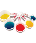 Hands-On Liquid Measuring Set For Kids, 19-Piece Classroom Lab Kit with colorful liquid in jars, cups, and spoons