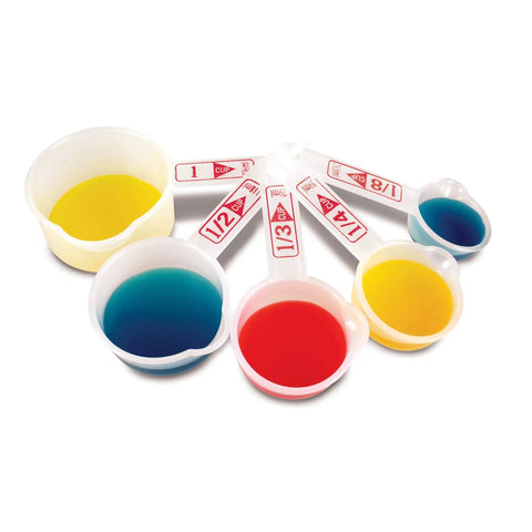 Hands-On Liquid Measuring Set For Kids, 19-Piece Classroom Lab Kit with colorful liquid in jars, cups, and spoons