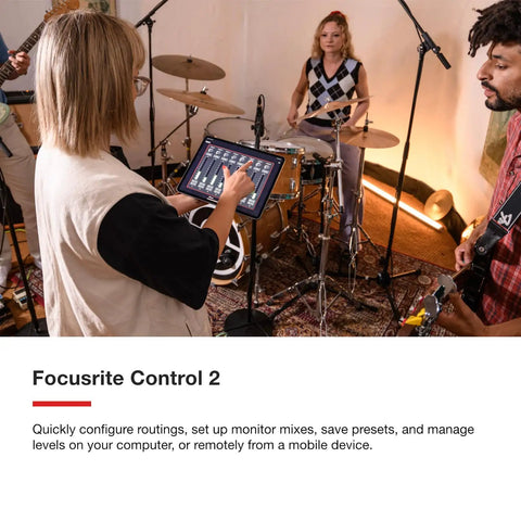 Group using Scarlett 18i20 4th Gen USB Audio Interface for multitrack recording, musicians playing in studio, tablet control visible