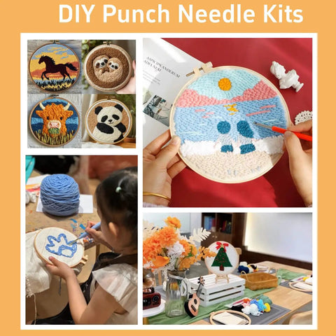 Abstract Colorful Tree Punch Needle Kit For Beginners With Hoop Yarn Printed Pattern And Easy English Guide, kit examples