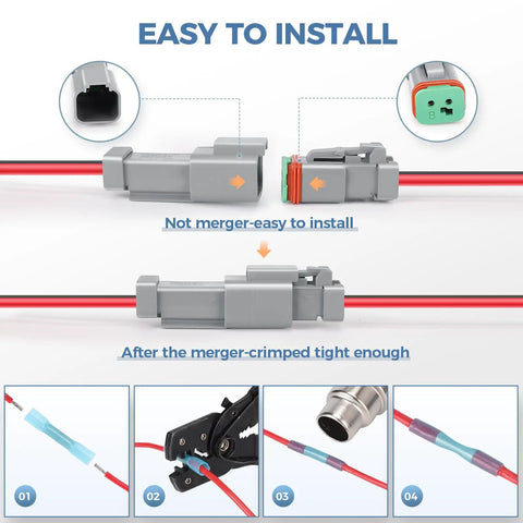 Plug-And-Play 2 Pin Waterproof Wiring Harness Pigtail Kit With 16 AWG Leads, connectors, heat shrink tubing, installation view