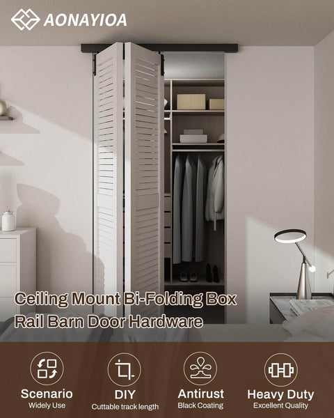 Box Rail Hardware For Bifold Sliding Barn Doors, Ceiling Mount Aluminum Alloy Track Kit For Two Doors, 60 Inch Length