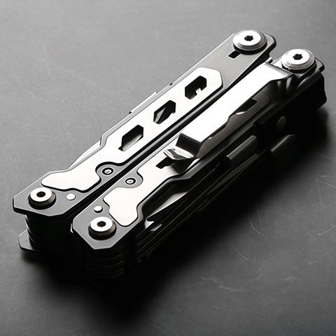 Sixteen-In-One 420 Stainless Steel Multitool Pliers with full locking safety and belt clip on dark surface, compact and sturdy design.