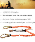 Double Leg 6 Foot Fall Protection Lanyard With Shock Absorber Stretchable Design And Snap And Rebar Hook Connectors, displayed on a white background with construction silhouette.