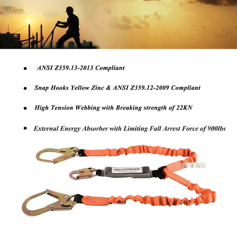 Double Leg 6 Foot Fall Protection Lanyard With Shock Absorber Stretchable Design And Snap And Rebar Hook Connectors, displayed on a white background with construction silhouette.