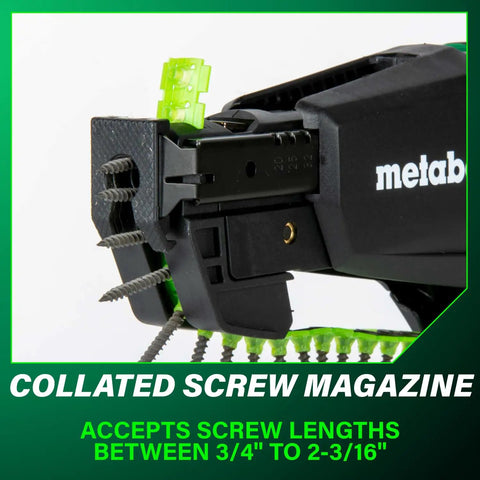 Your Go-To 18V MultiVolt Cordless Drywall Screw Gun Kit With Collated Magazine close-up showing screw length compatibility