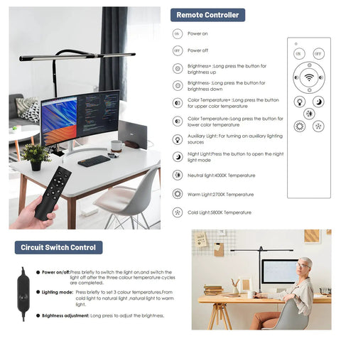 Dope 34.25 Inch Architect Desk Lamp in Black for Home Office shown illuminating a workspace with remote controller details