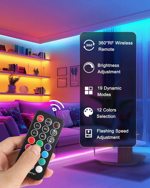 Color Changing LED Strip Light Kit With Three Dope Pre Cut 12 Inch Segments 36 Inches Total Flexible 5050 LED Lights in room.