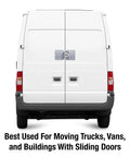 White van with mounted chrome puck lock and hasp visible on rear doors for security use on trucks, trailers, and vans.