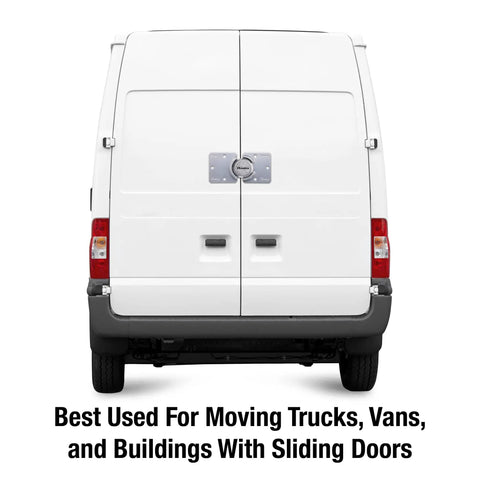 White van with mounted chrome puck lock and hasp visible on rear doors for security use on trucks, trailers, and vans.