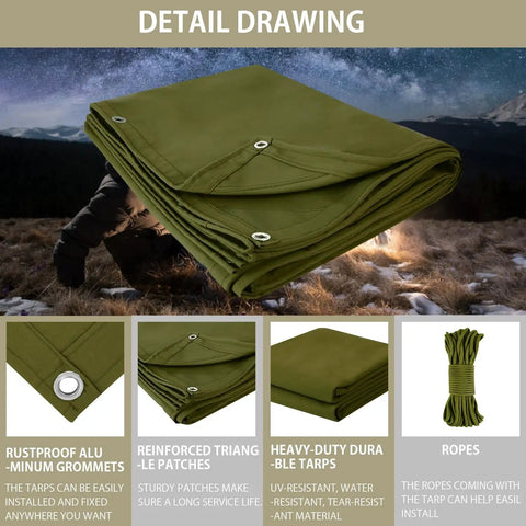 Canvas Tarp 12x16 Heavy Duty Workhorse Water Resistant With Grommets UV Resistant 22 Mil Thick 14 oz Tarpaulin for camping use
