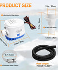 Automatic 12V Boat Bilge Pump Kit With 1-1/8 Inch Electric Bilge Water Pump 6 Foot Hose 2 Stainless Steel Hose Clamps Thru Hull Fitting Ideal For Fishing Boats Runabouts Yachts And Cruisers shown with components labeled, including measurements.