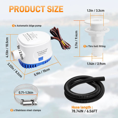 Automatic 12V Boat Bilge Pump Kit With 1-1/8 Inch Electric Bilge Water Pump 6 Foot Hose 2 Stainless Steel Hose Clamps Thru Hull Fitting Ideal For Fishing Boats Runabouts Yachts And Cruisers shown with components labeled, including measurements.