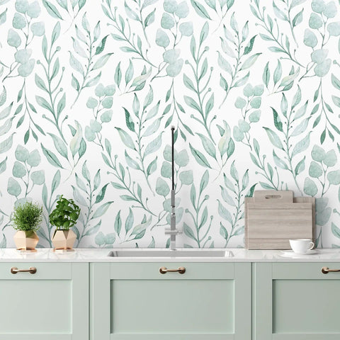 Kitchen with Green Leaf Floral Peel and Stick Wallpaper Self Adhesive Wall Covering 17.7 x 394 Inches Watercolor Leaves Removable Contact Paper
