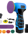 Compact Cordless Palm Sander With 16.8V Battery And 3 Inch Pad For Quick Wood Sanding Furniture Refinishing And Auto Waxing featuring accessories.