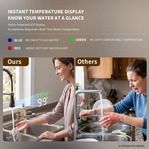 Commercial Grade Kitchen Workstation Faucet with with Glass Rinser & LED showing temperature display and user interaction.