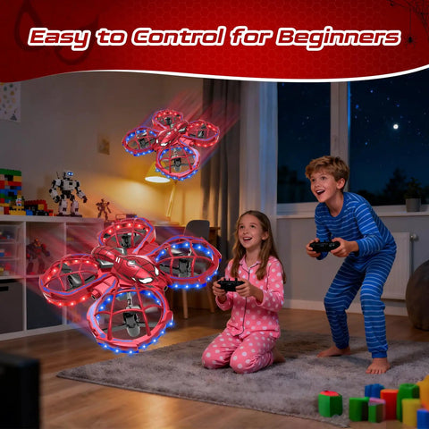 Kids playing with Mini Drone For Kids Beginners Toss To Go RC Quadcopter With LED Lights indoors at night.