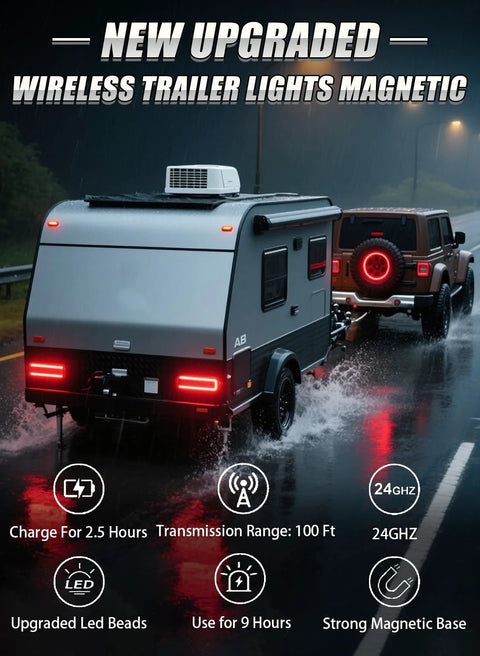 OOGKA wireless trailer lights magnetic kit; white travel trailer hitched to SUV with red LED taillights on wet road