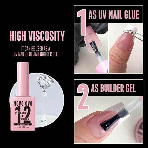 2 In 1 UV Nail Glue And Builder Gel For Tips And Acrylics, No Wipe Top Coat Kit, HEMA Free, pink bottle with nail application