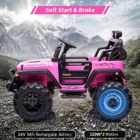 Powerful 24V Kids Ride On Dual Seat Electric Car With Remote Control Dual 120W Motors Battery Powered in pink on rocky terrain