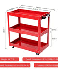 Three Tier Metal Rolling Tool Cart Heavy Duty Utility Cart With Easy Roll Wheels And Handy Handle, Portable Garage Shop Organizer For Tools And Parts, Durable Steel Construction, Large Capacity, Smooth Push Pull Mobility, red 3-tier steel cart 28.35x13.98x25.98 in