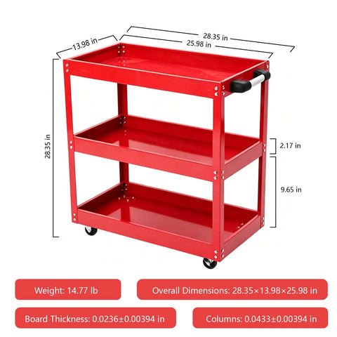 Three Tier Metal Rolling Tool Cart Heavy Duty Utility Cart With Easy Roll Wheels And Handy Handle, Portable Garage Shop Organizer For Tools And Parts, Durable Steel Construction, Large Capacity, Smooth Push Pull Mobility, red 3-tier steel cart 28.35x13.98x25.98 in