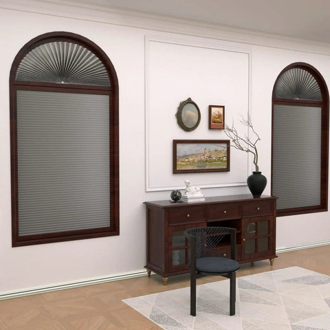 Living room with 2 Pack Arch Window Shade For Half Round Windows No Tools Installation, gray shades on arch windows.