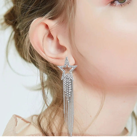 Silver Tassel Earrings With Hollow Star Stud And Pave Crystal Dangle Double Layer Beaded Fringe Boho Waterfall Drop Earrings For Everyday Shine Great For Day To Night Wear And Boho Chic Styling on ear, 3.7 in long