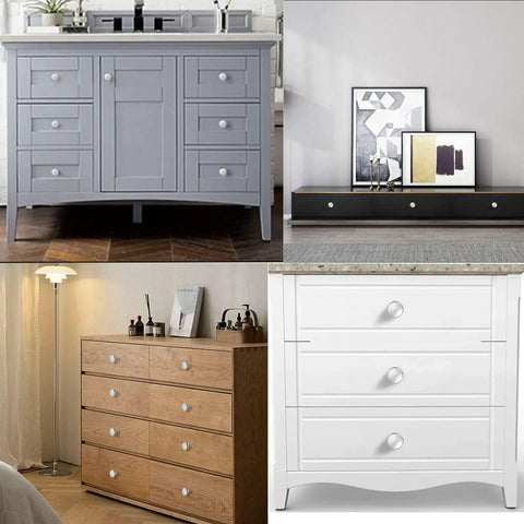 Slick Satin Brushed Nickel Round Mushroom Cabinet Knobs Set 30mm Drawer Pull Handles on various kitchen cupboards and dressers