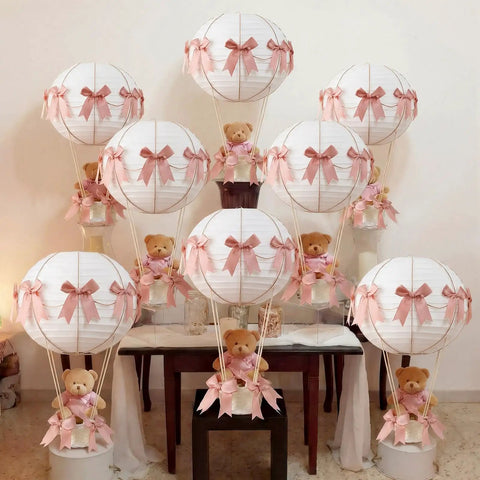 Six Pink Bow Hot Air Balloon Table Centerpieces Set With 9.8 Inch Paper Lanterns, Mini Woven Baskets for party decor