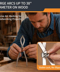 Dead Center Precision 12 Inch Radius Divider Tool And Layout Compass used for precise arc marking on wood.