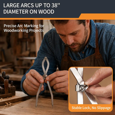 Dead Center Precision 12 Inch Radius Divider Tool And Layout Compass used for precise arc marking on wood.