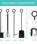 Five Piece Wrought Iron Firewood Storage Rack With All In One Tool Set showing brush, poker, hook, and shovel with hanging handles.