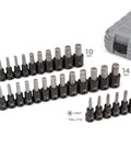 Half Inch Drive Hex And Torx Impact Socket Set With Case, 32-Piece, Includes 1/4 To 3/4 Inch Hex Sockets, 6 To 19 Mm Metric Hex Sockets, And T30 To T70 Torx Bits For Tough As Nails Performance displayed in rows with carrying case visible.