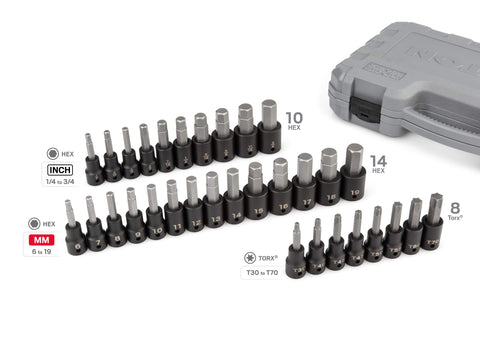 Half Inch Drive Hex And Torx Impact Socket Set With Case, 32-Piece, Includes 1/4 To 3/4 Inch Hex Sockets, 6 To 19 Mm Metric Hex Sockets, And T30 To T70 Torx Bits For Tough As Nails Performance displayed in rows with carrying case visible.