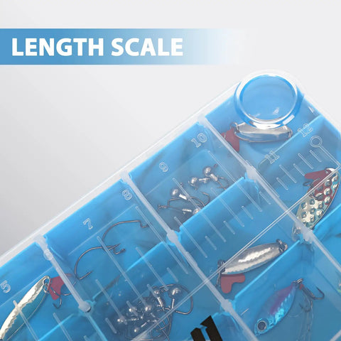 Clear Plastic Fishing Tackle Box Organizer Set Four Pack With Removable Dividers And 3600 Tackle Trays close-up of length scale