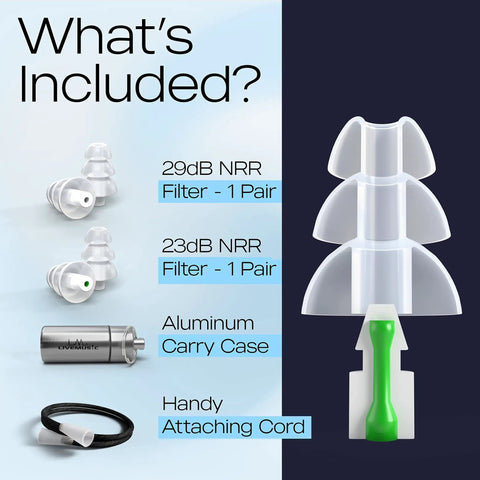 High Fidelity Ear Plugs for Musicians and Club Goers Reusable Noise Cancelling Ear Protection Up to 29dB NRR with accessories included.