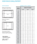 Chart for calculating wallpaper needed per room dimensions and ceiling height with packaging info in bolts for Barely There Black White Pearl Wallpaper With Subtle Ink Sketch Figure Print For A Modern Arty Vibe Great On A Statement Wall Prepasted Washable Strippable 27 Inch By 27 Foot Roll Covers About Sixty Point Eight Square Feet.